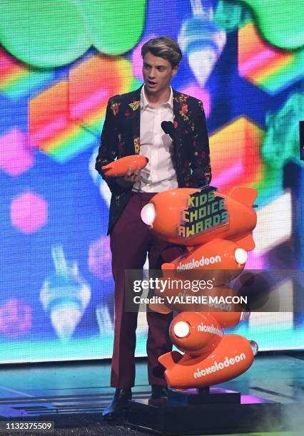 Favorite Male TV Star winner for "Henry Danger" Jace Norman appears on stage during the 32nd Annual Nickelodeon Kids' Choice Awards at the USC Galen...