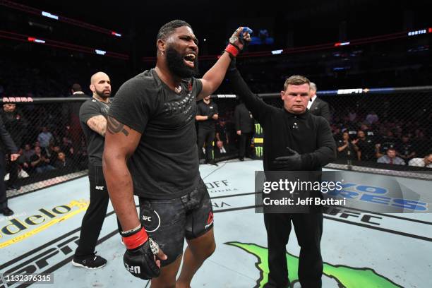 Curtis Blaydes celebrates his victory over Justin Willis in their heavyweight bout against Justin Willis during the UFC Fight Night event at...