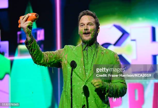 Favorite butt-kicker winner for 'Jurassic World: Fallen Kingdom' actor Chris Pratt gets slimed at Nickelodeon's 2019 Kids' Choice Awards at Galen...
