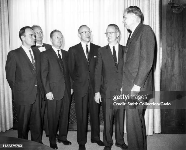 The 1963 Ernest Orlando Lawrence Award recipients, including Herbert Kouts, Cornelius Tobias, Louis Rosen, James Toub, and James Rainwater, stand...