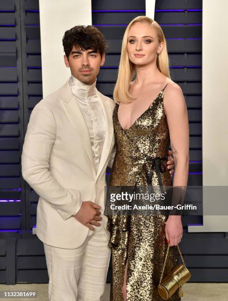 Joe Jonas and Sophie Turner attend the 2019 Vanity Fair Oscar Party Hosted By Radhika Jones at Wallis Annenberg Center for the Performing Arts on...
