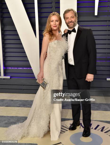 Leslie Mann and Judd Apatow attend the 2019 Vanity Fair Oscar Party Hosted By Radhika Jones at Wallis Annenberg Center for the Performing Arts on...