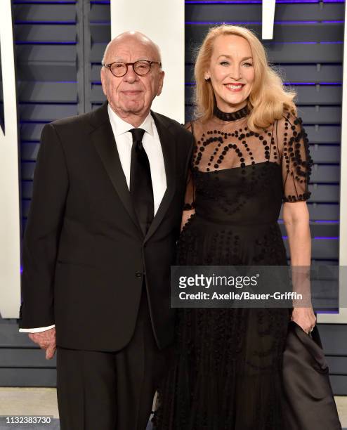 Rupert Murdoch and Jerry Hall attend the 2019 Vanity Fair Oscar Party Hosted By Radhika Jones at Wallis Annenberg Center for the Performing Arts on...