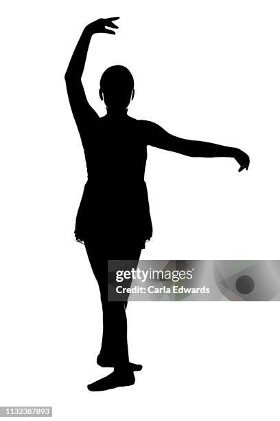 JPG of young teen female ballet dancer in RAD ballet poses black silhouette on white background; Fourth 4th position from teacher's perspective