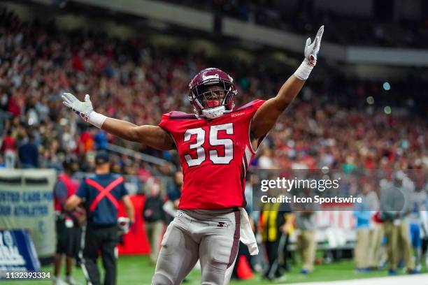 San Antonio Commanders running back Trey Williams celebrates a touchdown reception during the AAF game between the Salt Lake Stallions and the San...