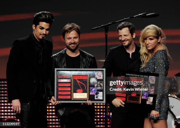 Singer Adam Lambert, Songwriters of the Year Max Martin and Lukasz "Dr. Luke Gottwald and singer Ke$ha pose onstage at the 28th Annual ASCAP Pop...