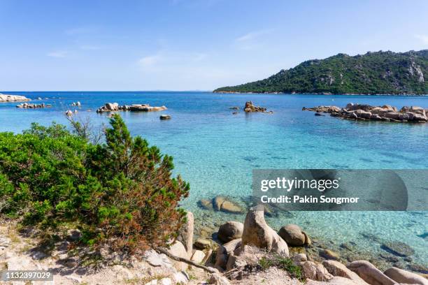 beach and coastline of algajola, corsica - ajaccio stock-fotos und bilder