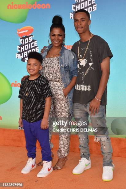 Actress Nia Long and sons Kez and Massai arrive for the 32nd Annual Nickelodeon Kids' Choice Awards at the USC Galen Center on March 23, 2019 in Los...