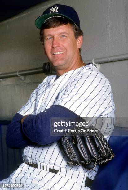 Tommy John of the New York Yankees smiles in this portrait prior to the start of a Major League Baseball game circa 1987 at Yankee Stadium in the...