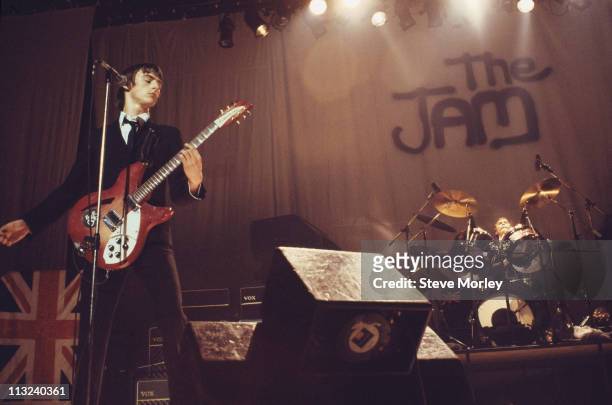 Singer and guitarist Paul Weller and drummer Rick Buckler of British punk band The Jam on stage during a live concert performance at the Top Rank,...
