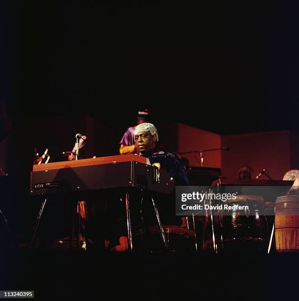 Sun Ra , U.S. Jazz pianist and band leader, playing a synthesizer during a live concert performance with his Arkestra, at the Newport Jazz Festival,...