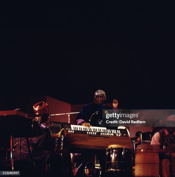 Sun Ra , U.S. Jazz pianist and band leader, playing a synthesizer during a live concert performance with his Arkestra, at the Newport Jazz Festival,...