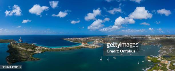 aerial panoramic view of spanish waters bay and caribbean sea in curacao - curaçao stock pictures, royalty-free photos & images