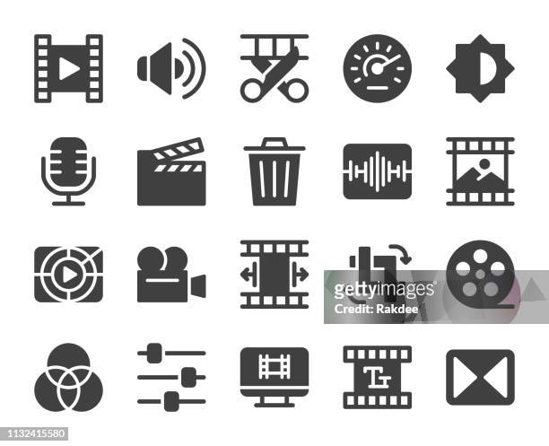 ilustraciones, imágenes clip art, dibujos animados e iconos de stock de creación de películas y edición de vídeo-iconos - film studio