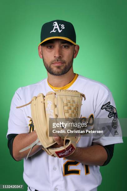 Pitcher Marco Estrada of the Oakland Athletics poses for a portrait during photo day at HoHoKam Stadium on February 19, 2019 in Mesa, Arizona.