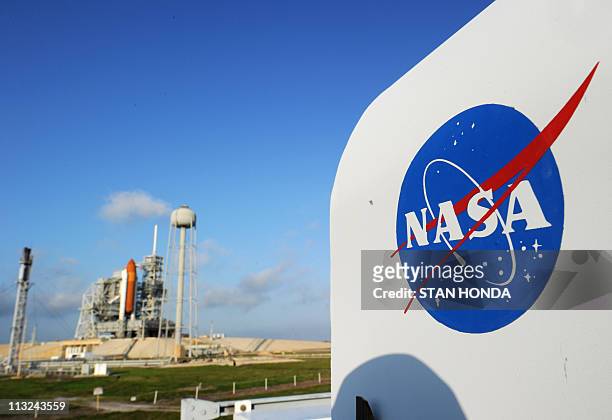 The NASA logo on a protective box for a camera near the space shuttle Endeavour April 28, 2011 at Kennedy Space Center in Florida as preparations are...
