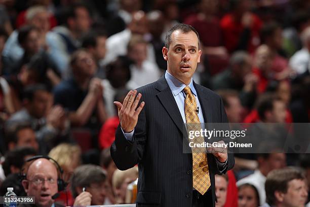 Head coach Frank Vogel of the Indiana Pacers signals to his team in Game Five of the Eastern Conference Quarterfinals against the Chicago Bulls...