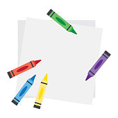 Top veiw notebook paper sheet with color crayons