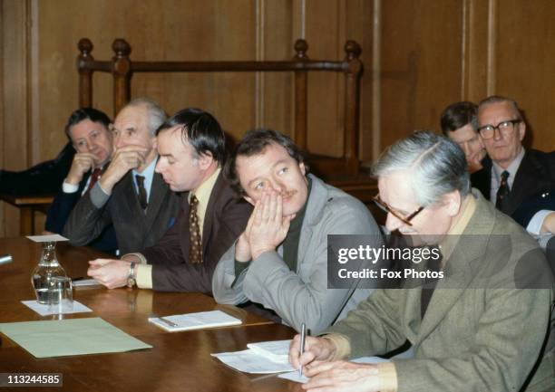 English politician Ken Livingstone, Leader of the Greater London Council, at a meeting, January 1981.