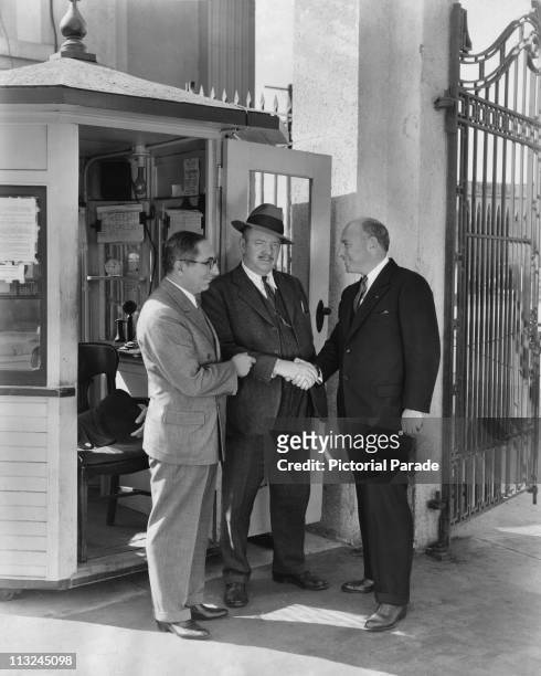 Executive vice president Louis B Mayer introduces film director Cecil B DeMille to gateman James 'Red' Owens at Metro-Goldwyn-Mayer's Culver City...