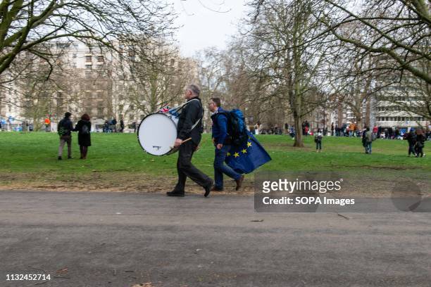 Demonstrator seen with a drum during the protest. Over one million protesters gathered at the People's Rally in London demanding a second vote in the...