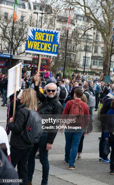 Demonstrator seen with a placard during the protest. Over one million protesters gathered at the People's Rally in London demanding a second vote in...