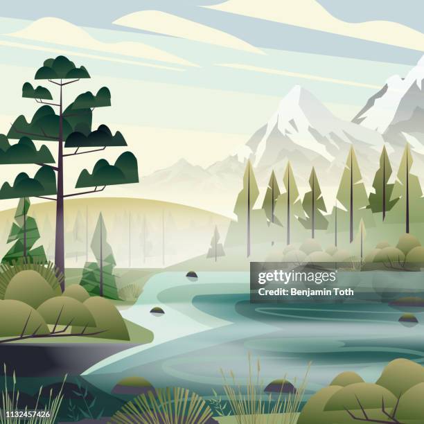 lakeside forest in the mountains - forest morning light stock illustrations