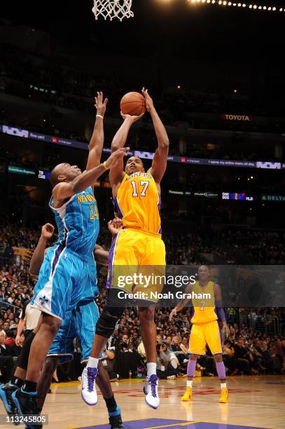 Andrew Bynum of the Los Angeles Lakers during the game against the New Orleans Hornets during Game Two of the Western Conference Quarterfinals in the...