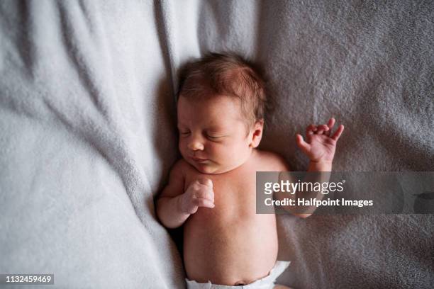 a close-up of a naked newborn baby lying on bed and sleeping at home. top view. - boy asleep in bed bildbanksfoton och bilder