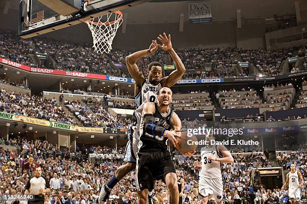 Playoffs: San Antonio Spurs Manu Ginobili in action vs Memphis Grizzlies Tony Allen at FedEx Forum. Game 3. Memphis, TN 4/23/2011CREDIT: David E....