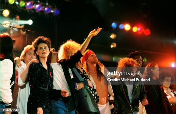 The Finale of the Freddie Mercury Tribute Concert for AIDS Awareness at Wembley Stadium on Easter Monday, April 20th 1992, including Mick Ronson,...