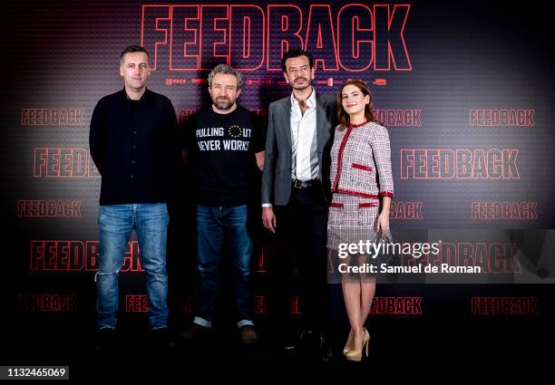 Pedro C. Alonso, Eddie Marsan and Ivana Baquero attend 'Feedback' Madrid Photocall on February 27, 2019 in Madrid, Spain.