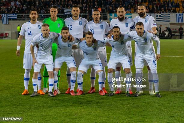 Tasos Bakasetas of Greece, Goalkeeper Odisseas Vlachodimos of Greece, Andreas Samaris of Greece, Dimitris Kourbelis of Greece, Kostas Mitroglou of...