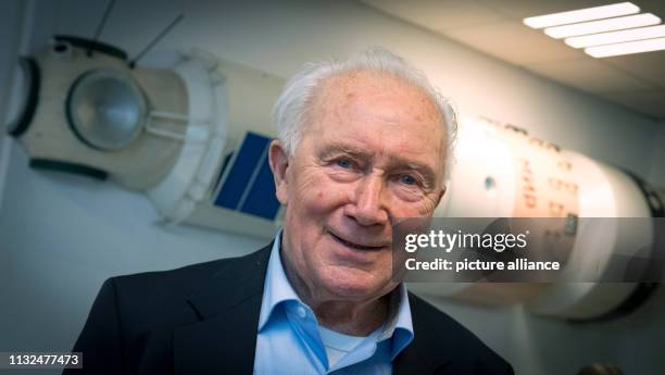 March 2019, Saxony, Chemnitz: Sigmund Jähn, former cosmonaut and first German in space, stands in front of the model of the space ship Mir in the...