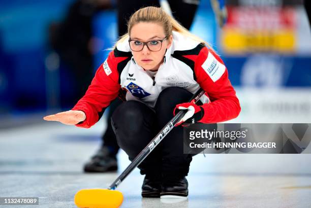Switzerland's skipper Alina Paetz competes in the Curling World Championship final Sweden v Switzerland in Silkeborg, Denmark on March 24, 2019. /...