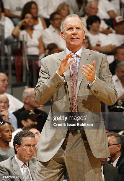 Head coach Doug Collins of the Philadelphia 76ers in Game Five of the Eastern Conference Quarterfinals against the Miami Heat during the 2011 NBA...
