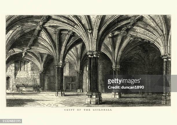 crypt of the guildhall, london. medieval architecture - guildhall london stock illustrations
