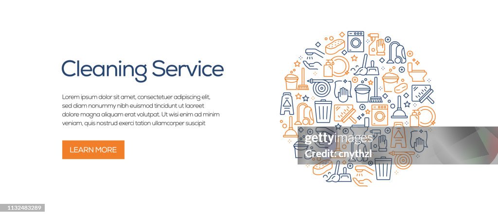 Schoonmaak service banner sjabloon met lijn iconen. Moderne vector illustratie voor advertentie, header, website.