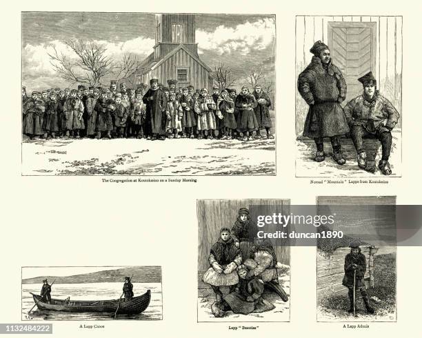 sami people and scenes from lapland, 1880s, 19th century - congregation stock illustrations