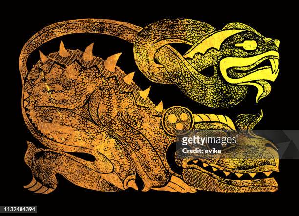 stockillustraties, clipart, cartoons en iconen met gouden ehecatl (azteekse mythologie karakter) op zwarte achtergrond - azteeks