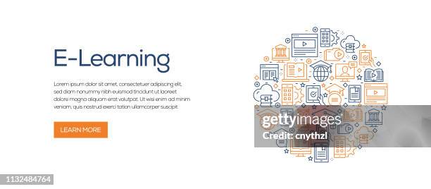 e-learning related banner template with line icons. modern vector illustration for advertisement, header, website. - round training icons stock illustrations