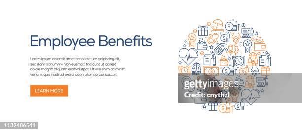 employee benefits banner template with line icons. modern vector illustration for advertisement, header, website. - employee benefits stock illustrations