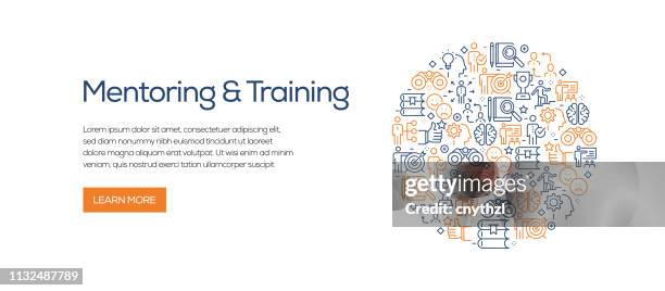 mentoring und training banner vorlage mit line icons. moderne vektordarstellung für werbung, header, website. - mentor stock-grafiken, -clipart, -cartoons und -symbole