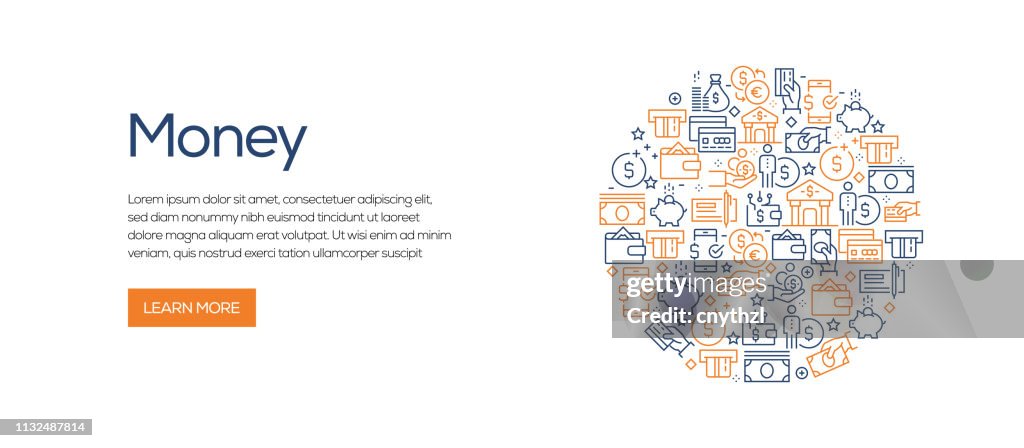 Money Related Banner Template with Line Icons. Modern vector illustration for Advertisement, Header, Website.