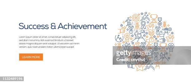 success and achievement banner template with line icons. modern vector illustration for advertisement, header, website. - achievement stock illustrations