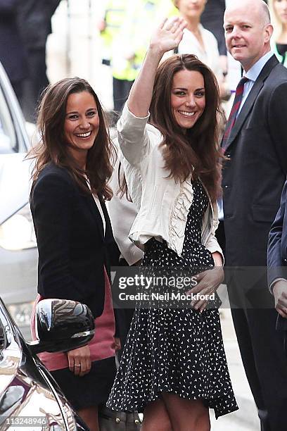 Catherine Middleton and sister Pippa Middleton arrive at the Goring Hotel on April 28, 2011 in London, England.