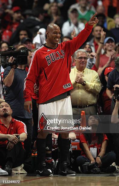 Keith Bogans of the Chicago Bulls celebrates a win over the Indiana Pacers in Game Five of the Eastern Conference Quarterfinals in the 2011 NBA...