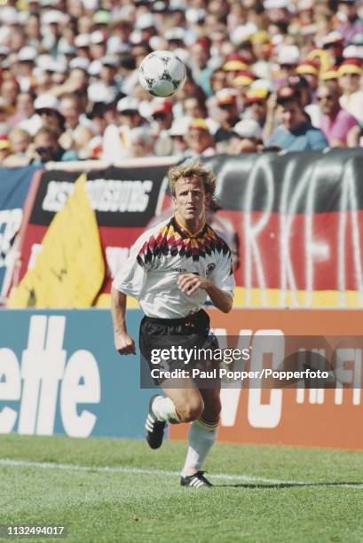 Andreas Brehme of Germany pictured making a run for the ball during play between Germany and Spain in their 1994 FIFA World Cup Group C match at...