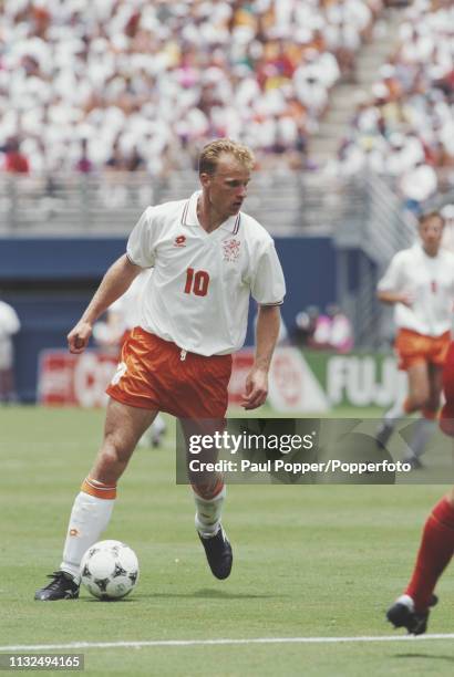 Dennis Bergkamp of Netherlands pictured with the ball during play between Belgium and Netherlands in their 1994 FIFA World Cup Group F match at the...