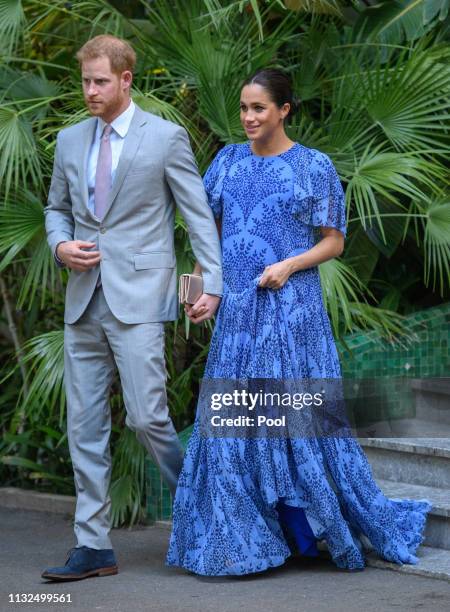 Prince Harry, Duke of Sussex and Meghan, Duchess of Sussex with King Mohammed VI of Morocco, during an audience at his residence on February 25, 2019...